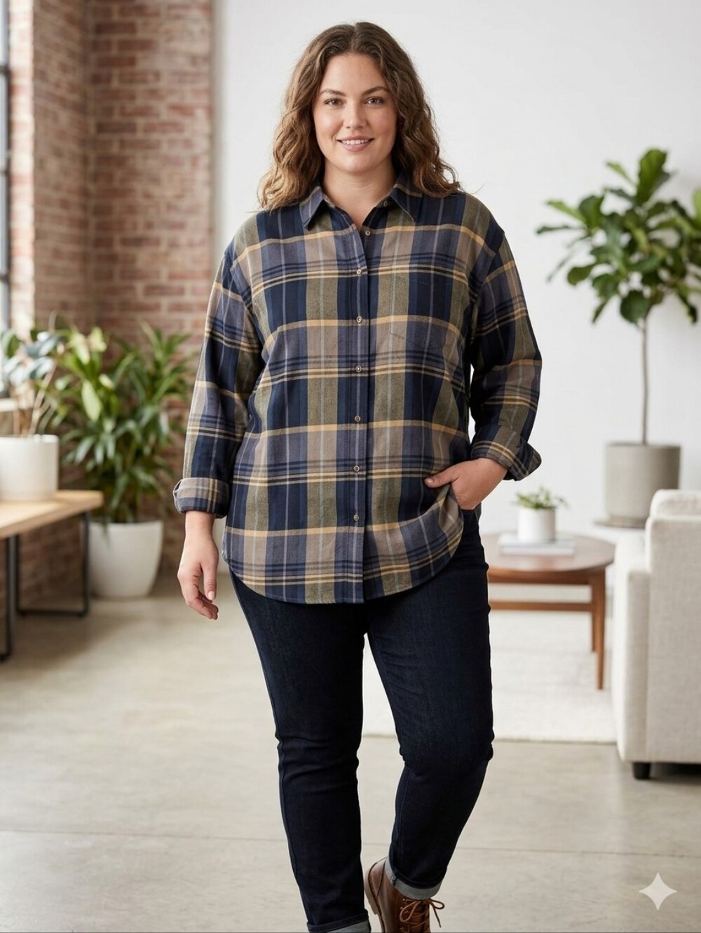 Lauren Ralph Lauren Navy and Brown Plaid Button-Down Shirt, Size 1X